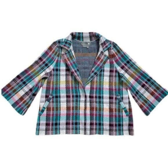 Anthropologie Rosetta Knit Turquoise Burgundy Plaid Sweater Blazer XS - Picture 7 of 7